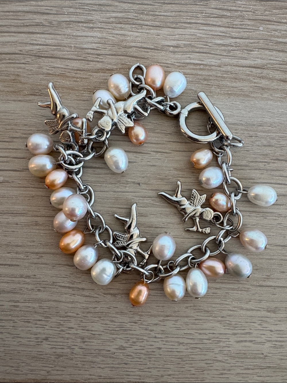 Sterling Silver Bird & Freshwater Pearl Charm Bracelet - Peach & White